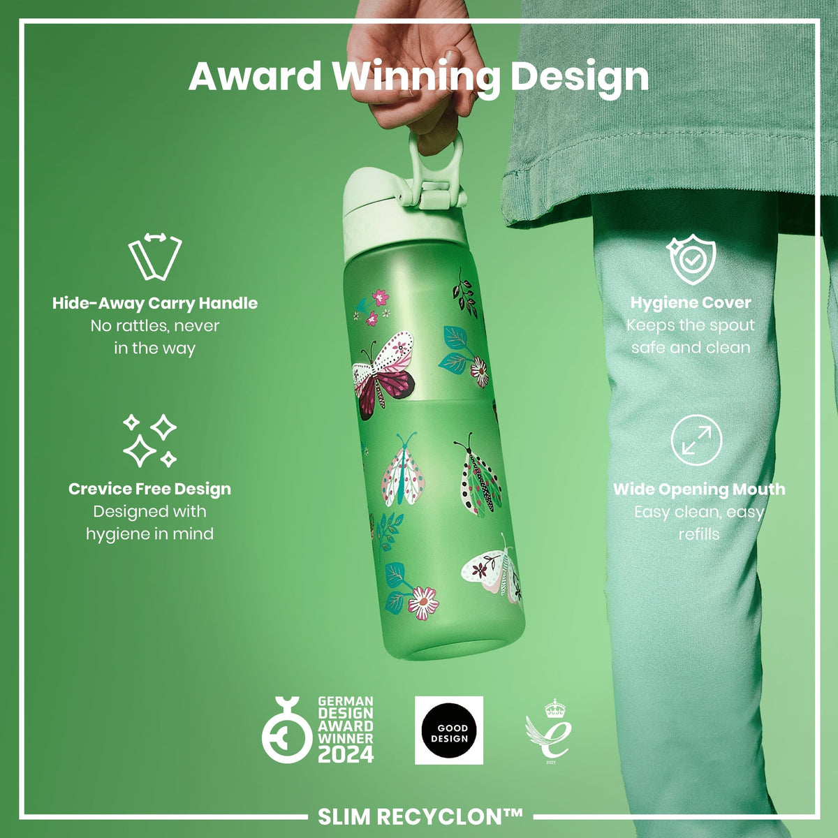 Leak Proof Slim Water Bottle, Recyclon, Wild Butterfly, 18oz