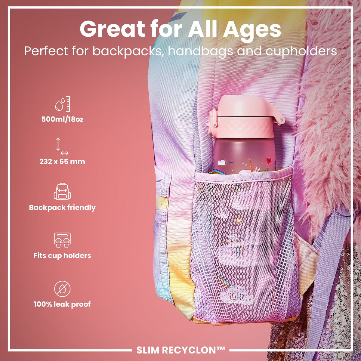 Leak Proof Slim Water Bottle, Recyclon, Unicorn Rainbows, 18oz