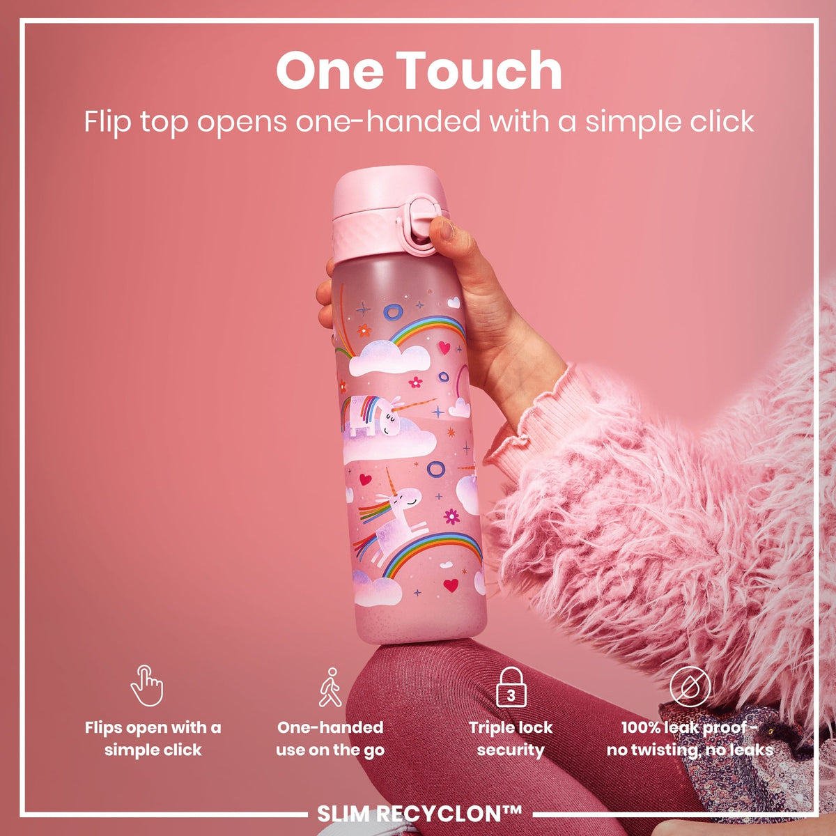Leak Proof Slim Water Bottle, Recyclon, Unicorn Rainbows, 18oz
