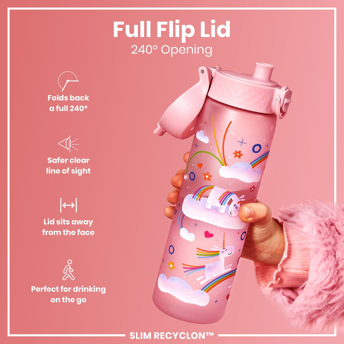 Leak Proof Slim Water Bottle, Recyclon, Unicorn Rainbows, 18oz