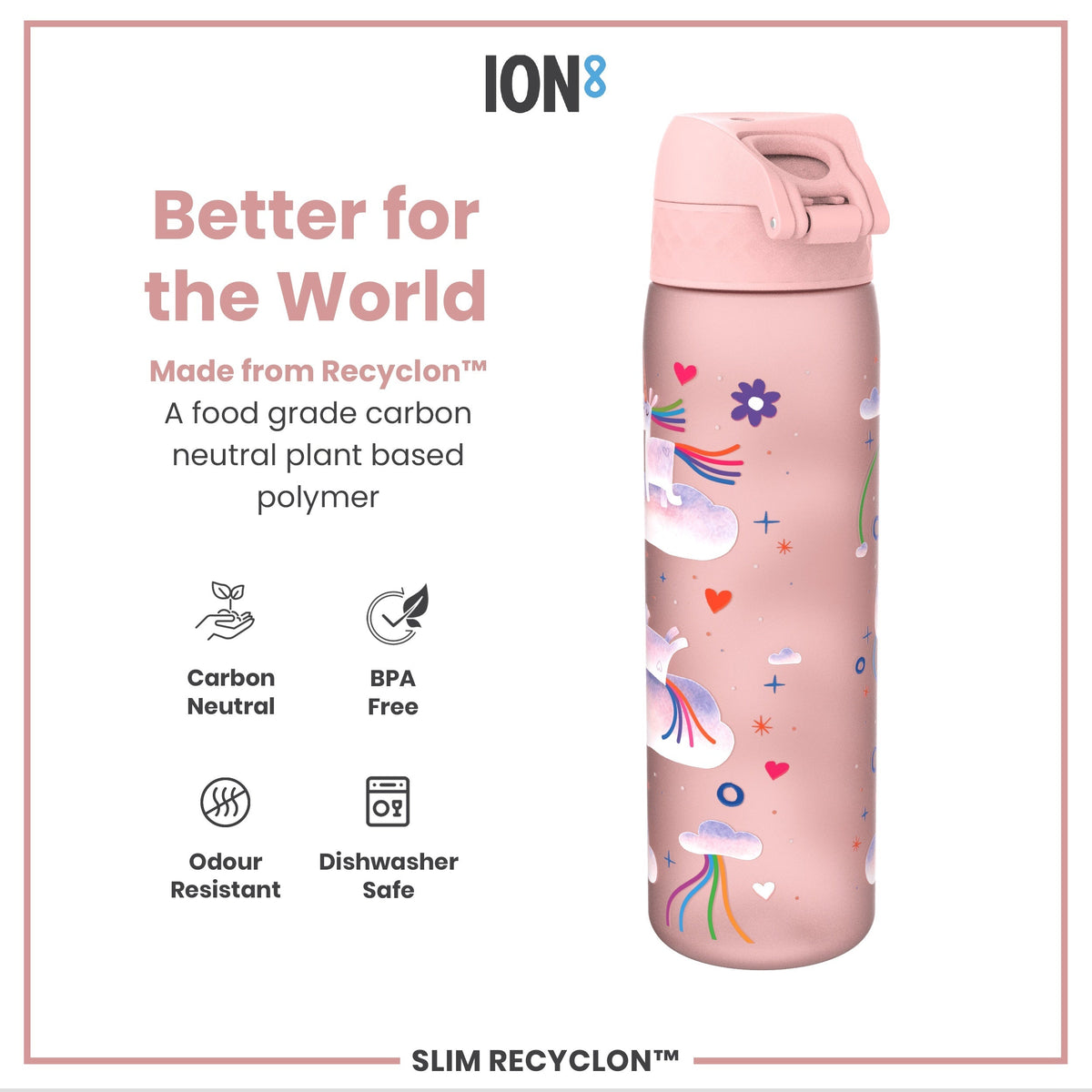 Leak Proof Slim Water Bottle, Recyclon, Unicorn Rainbows, 18oz