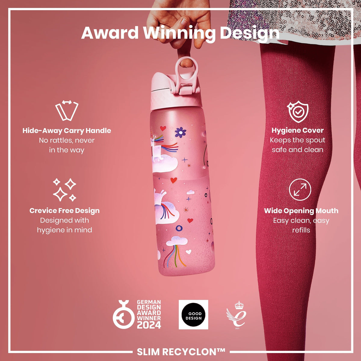 Leak Proof Slim Water Bottle, Recyclon, Unicorn Rainbows, 18oz