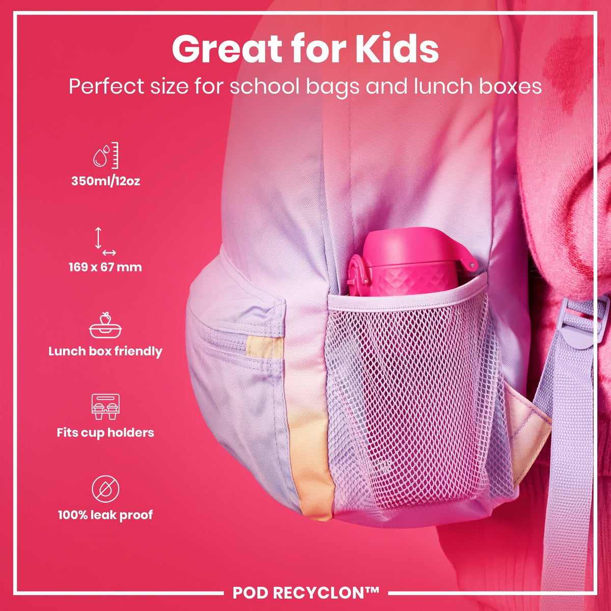 Leak Proof Kids Water Bottle, Recyclon, Pink, 12oz