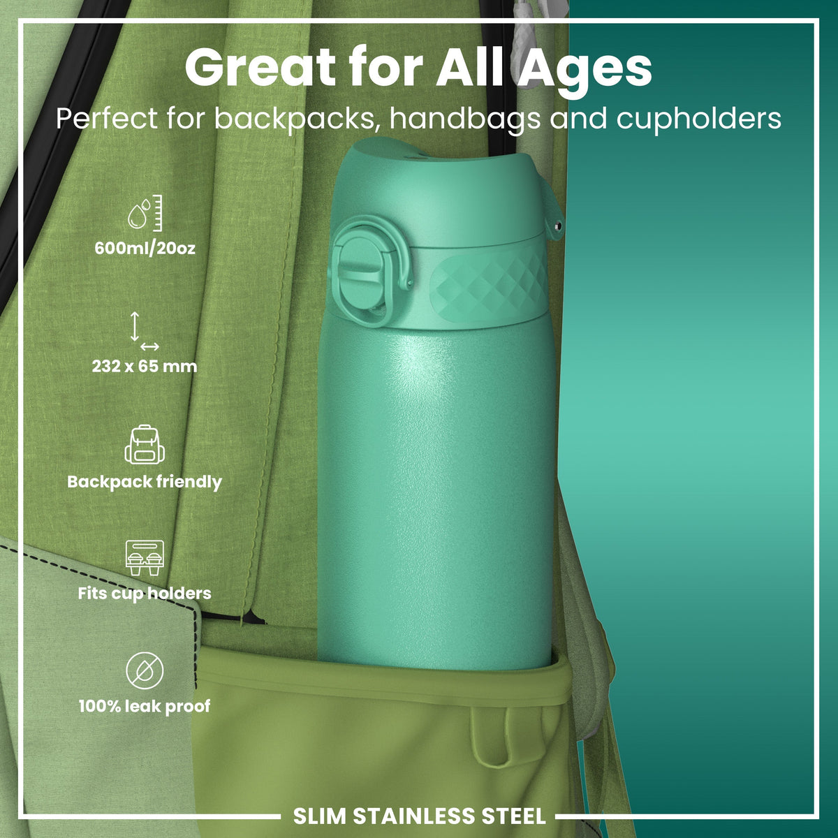 Leak Proof Slim Water Bottle, Stainless Steel, Teal, 20oz