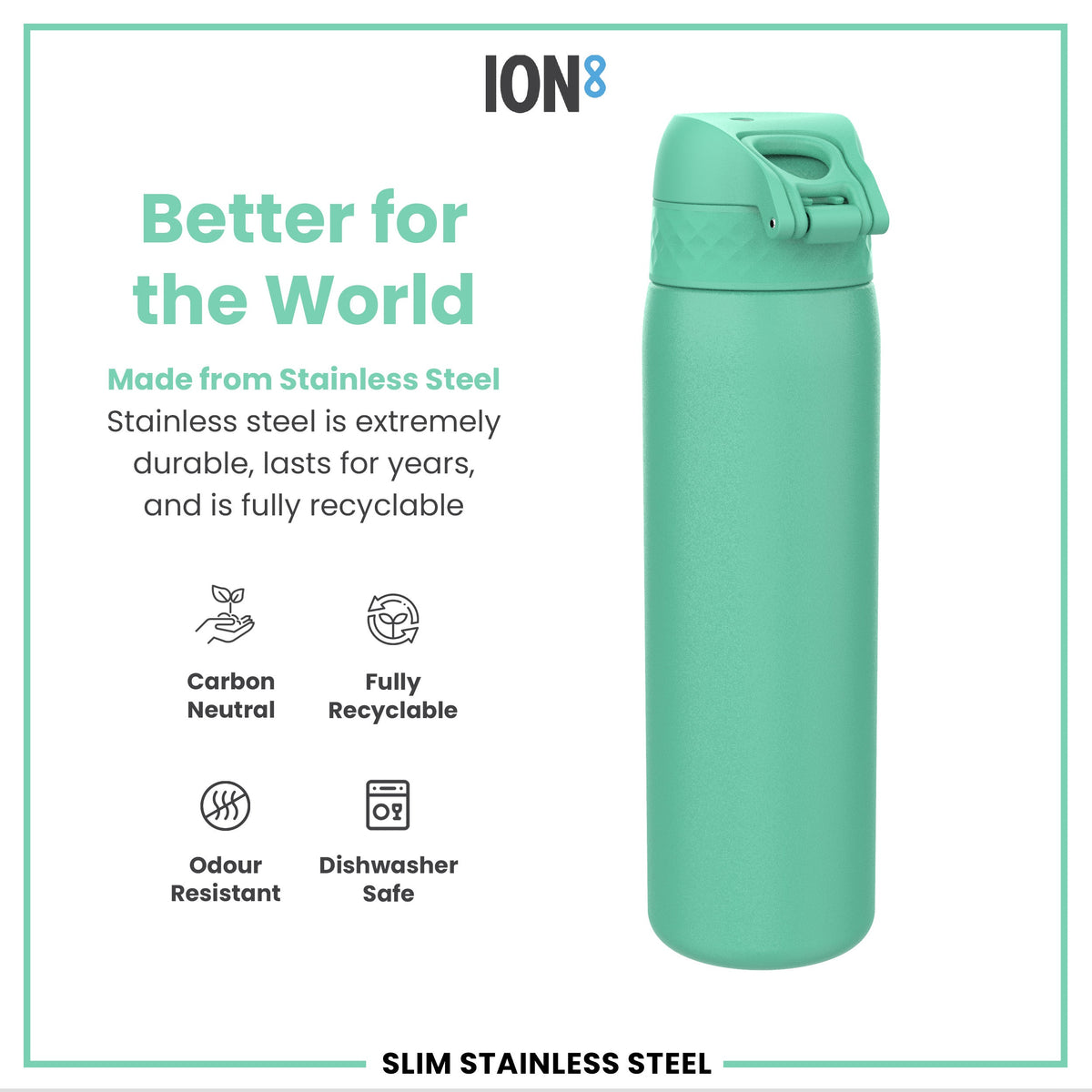 Leak Proof Slim Water Bottle, Stainless Steel, Teal, 20oz