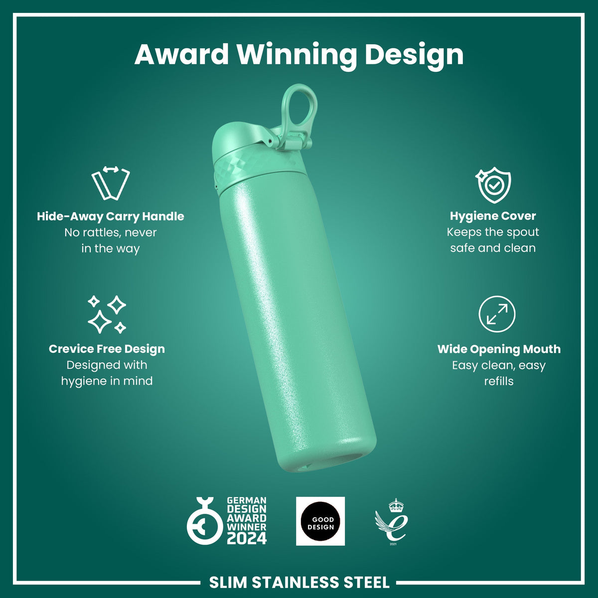 Leak Proof Slim Water Bottle, Stainless Steel, Teal, 20oz
