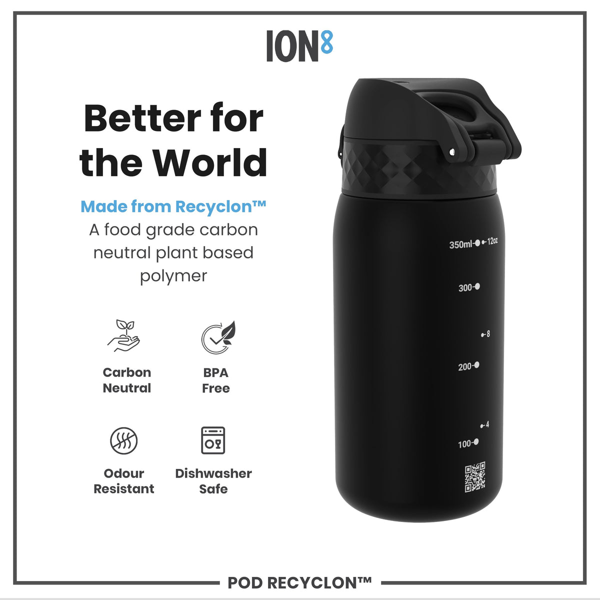 Leak Proof Kids Water Bottle, Recyclon, Black, 12oz
