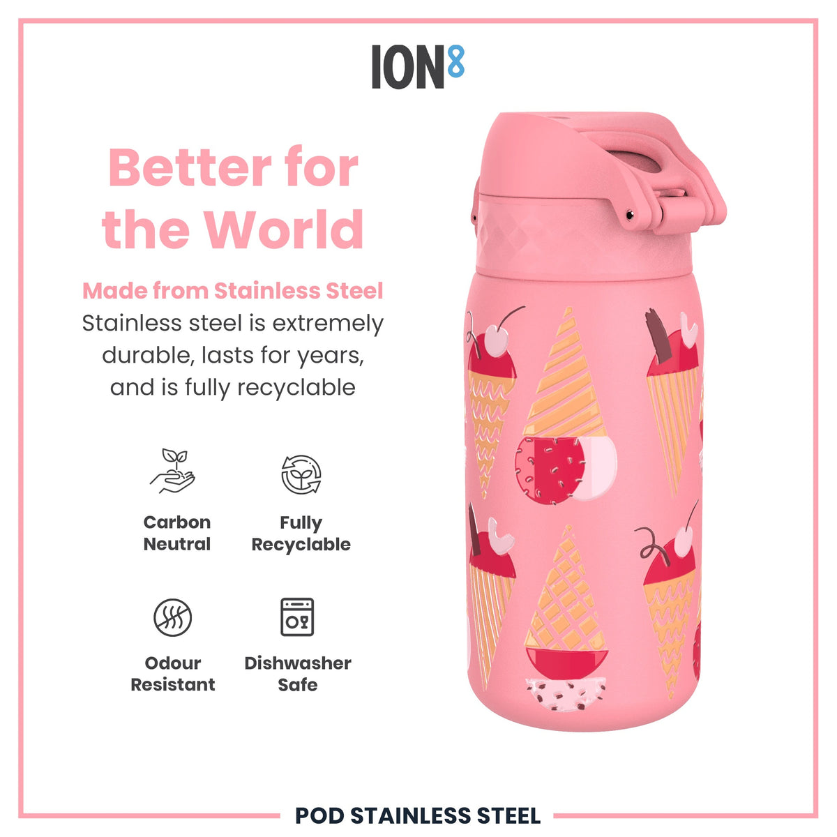 Leak Proof Kids Water Bottle, Stainless Steel, Ice Creams, 13oz