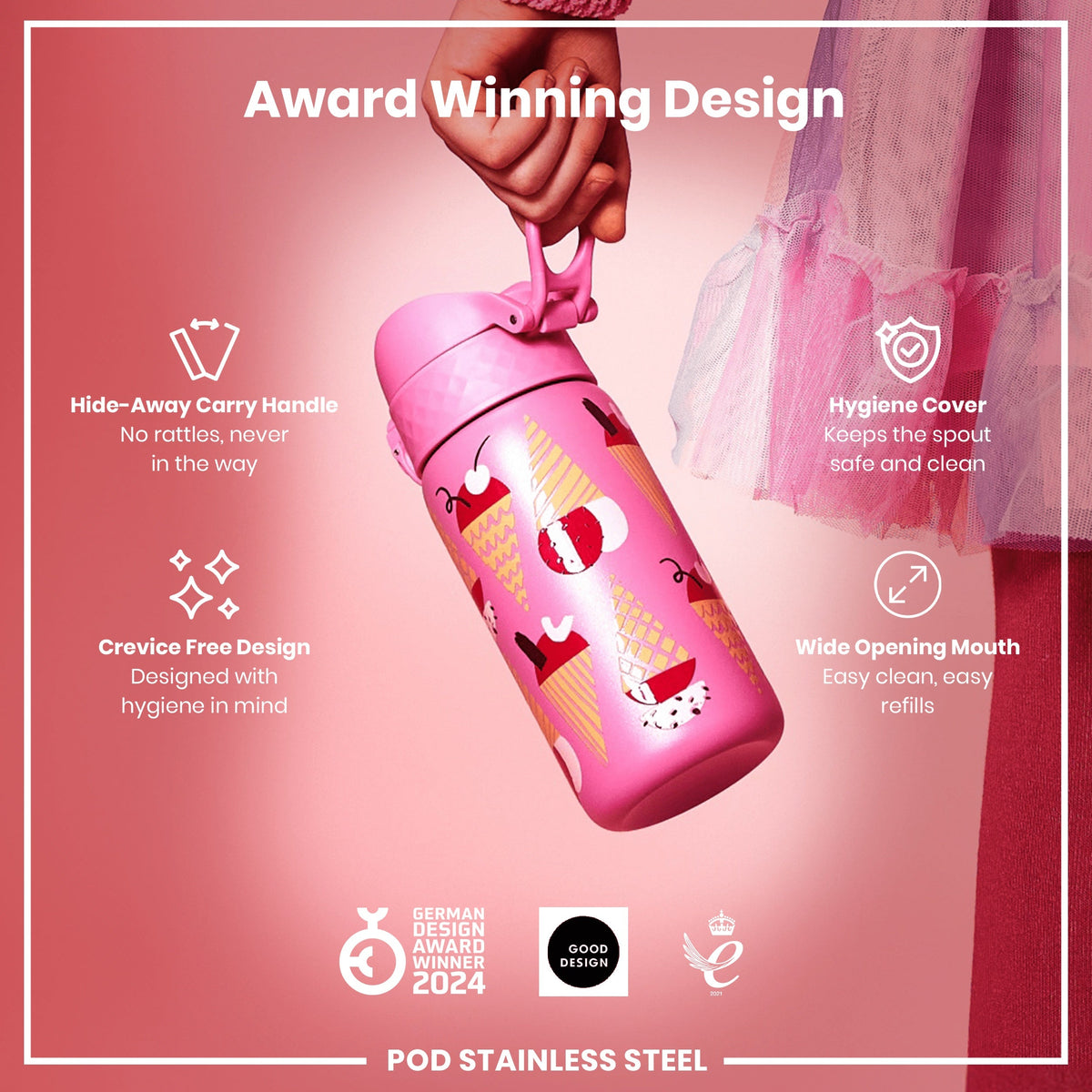 Leak Proof Kids Water Bottle, Stainless Steel, Ice Creams, 13oz