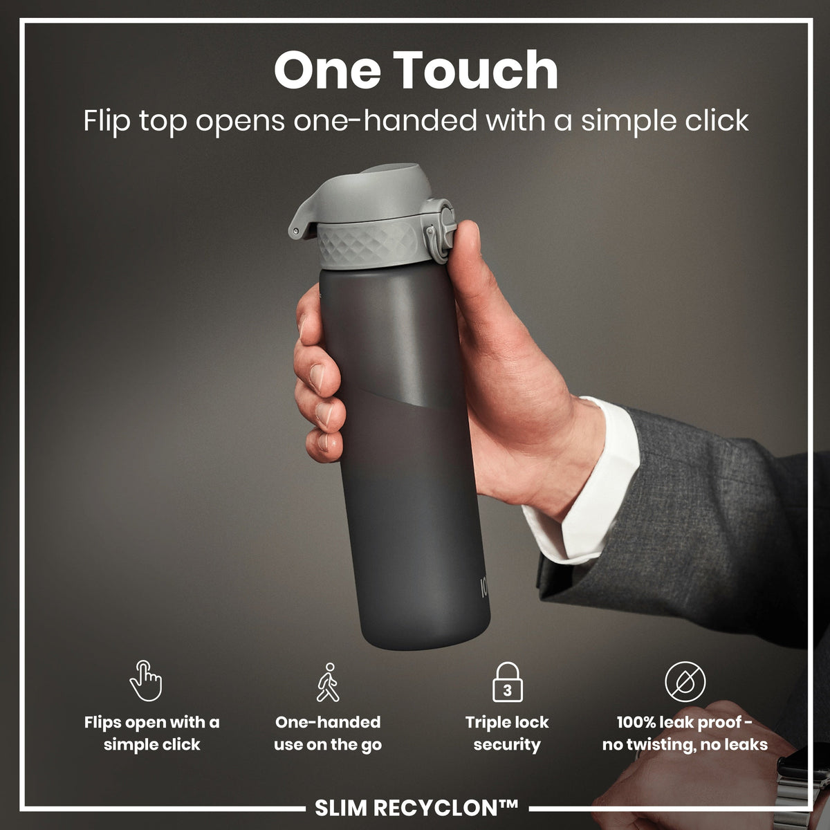 Leak Proof Slim Water Bottle, Recyclon, Gray, 18oz