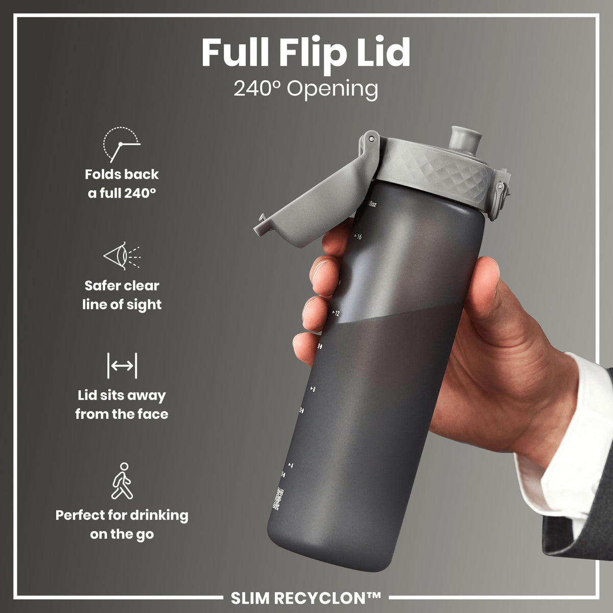 Leak Proof Slim Water Bottle, Recyclon, Gray, 18oz