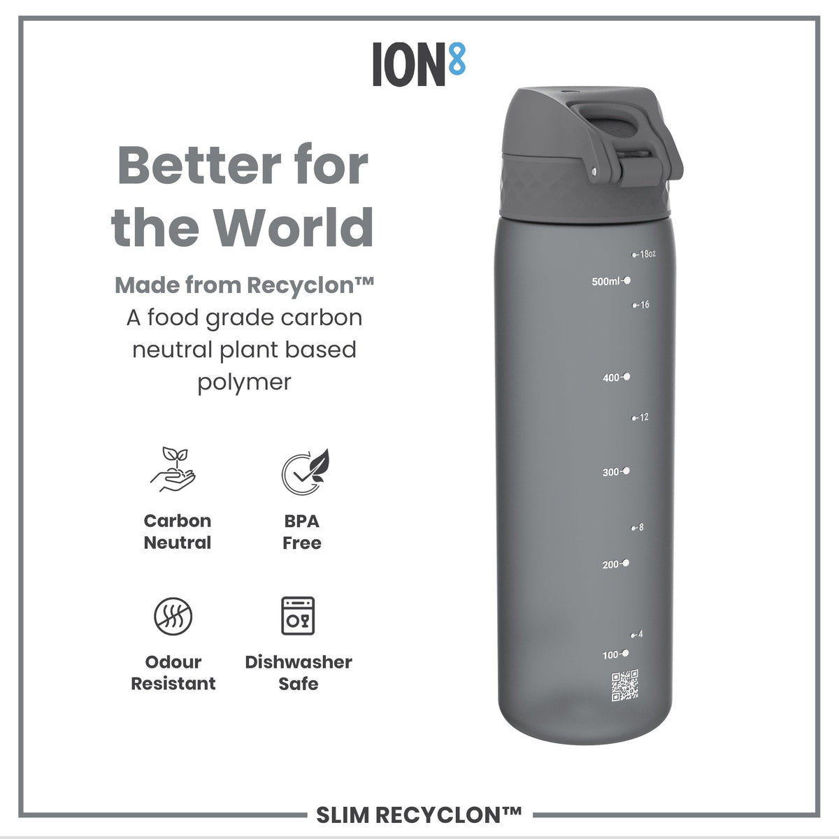 Leak Proof Slim Water Bottle, Recyclon, Gray, 18oz