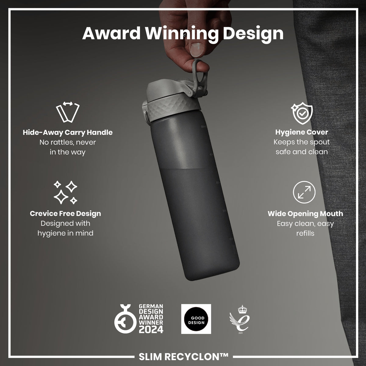 Leak Proof Slim Water Bottle, Recyclon, Gray, 18oz