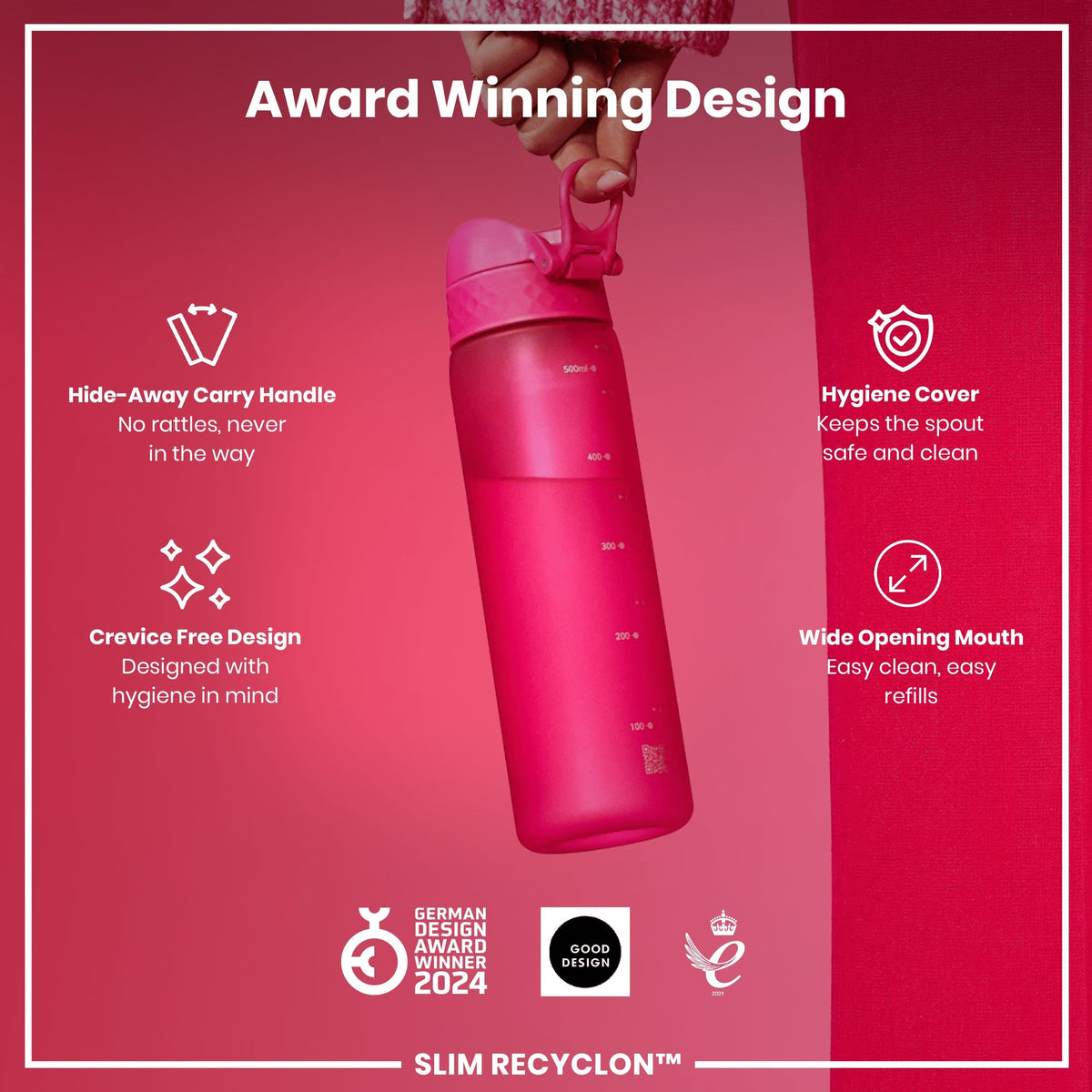 Leak Proof Slim Water Bottle, Recyclon, Pink, 18oz