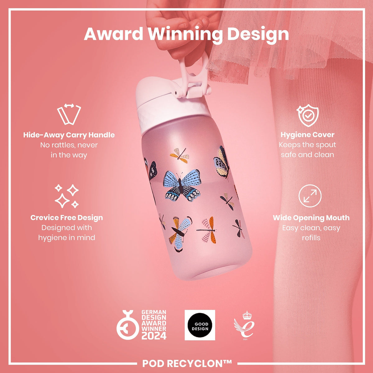 Leak Proof Kids Water Bottle, Recyclon, Butterflies, 12oz