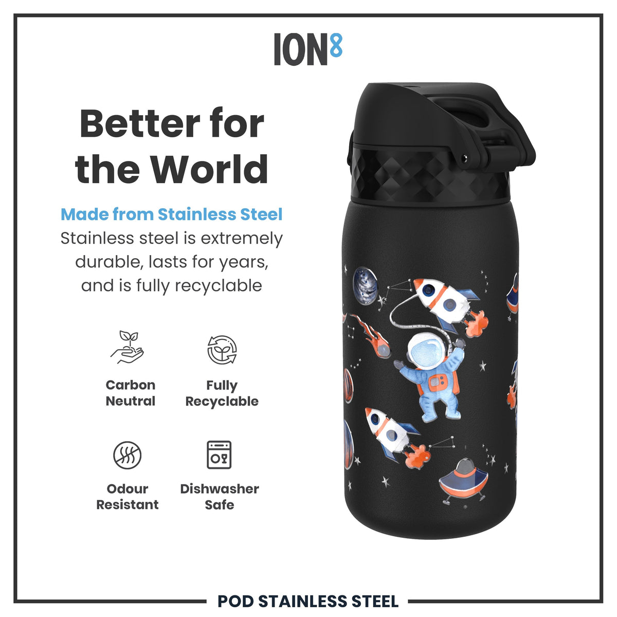 Leak Proof Kids Water Bottle, Stainless Steel, Space, 13oz