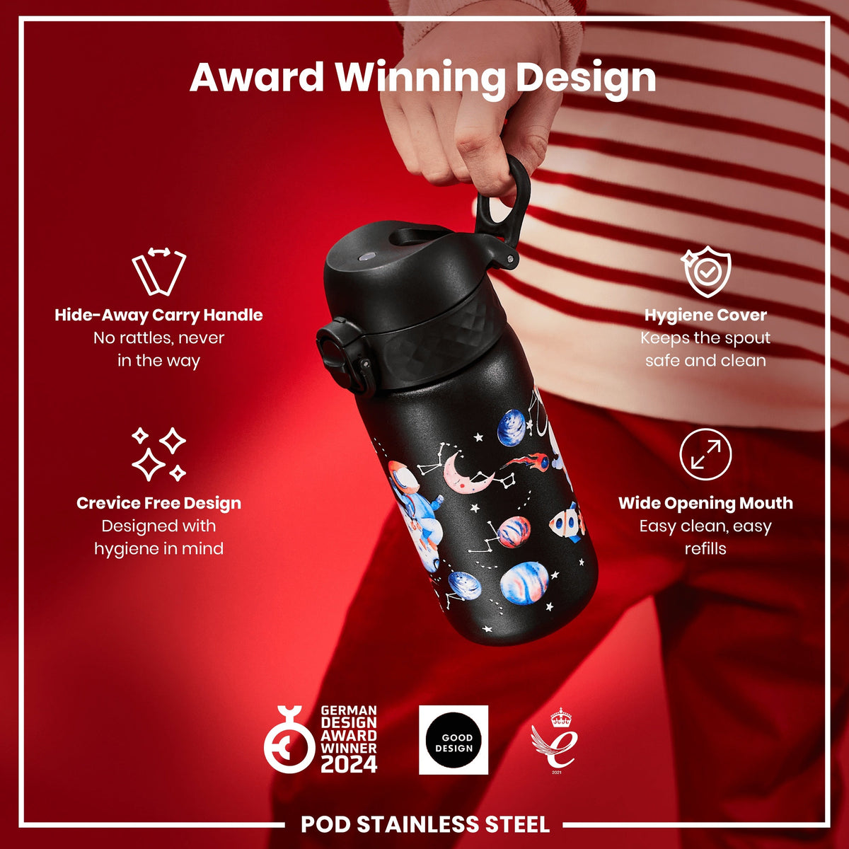 Leak Proof Kids Water Bottle, Stainless Steel, Space, 13oz