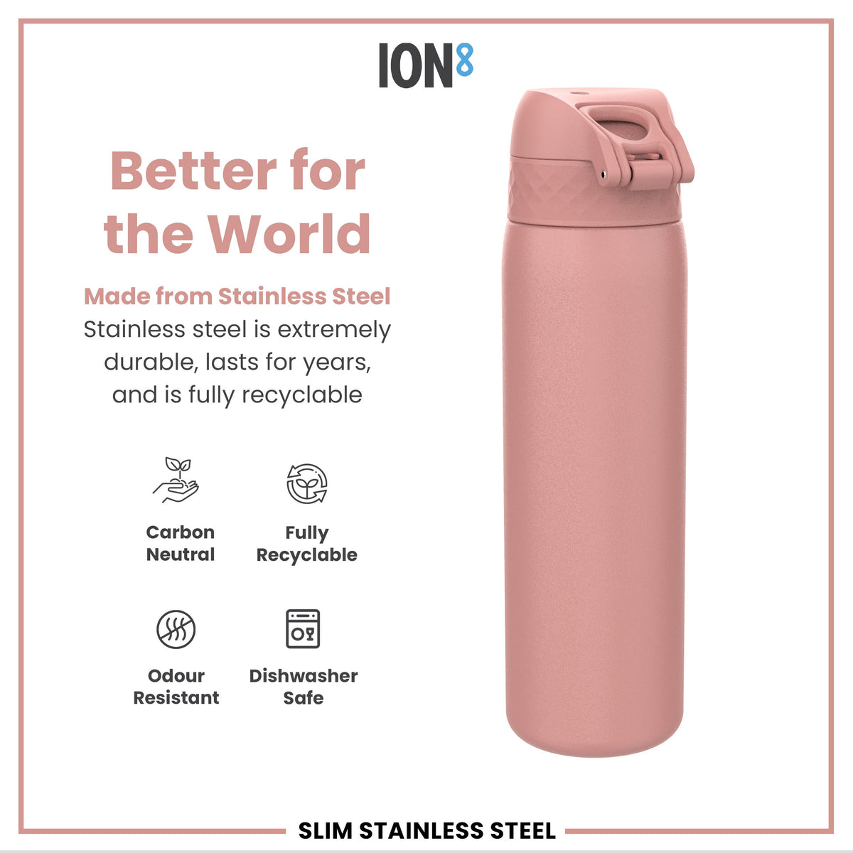 Leak Proof Slim Water Bottle, Stainless Steel, Ash Rose, 20oz