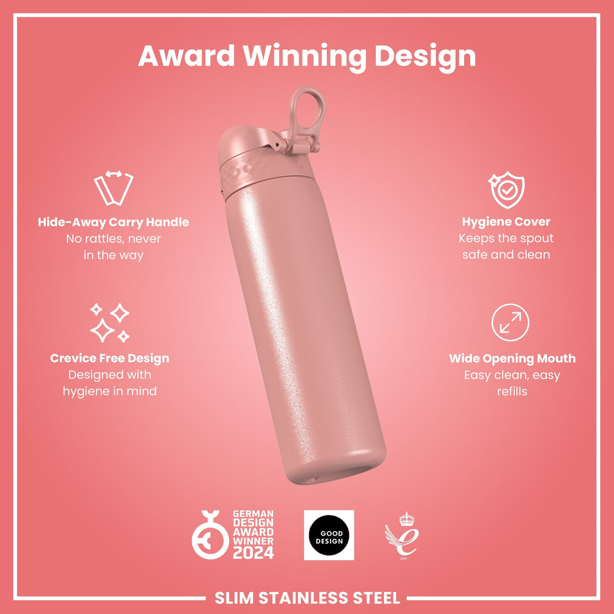 Leak Proof Slim Water Bottle, Stainless Steel, Ash Rose, 20oz