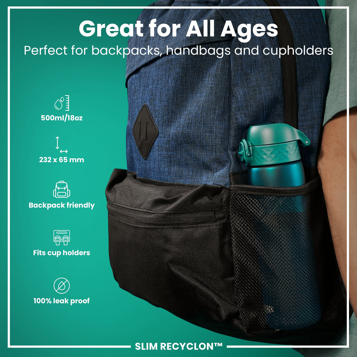 Leak Proof Slim Water Bottle, Recyclon, Aqua, 18oz