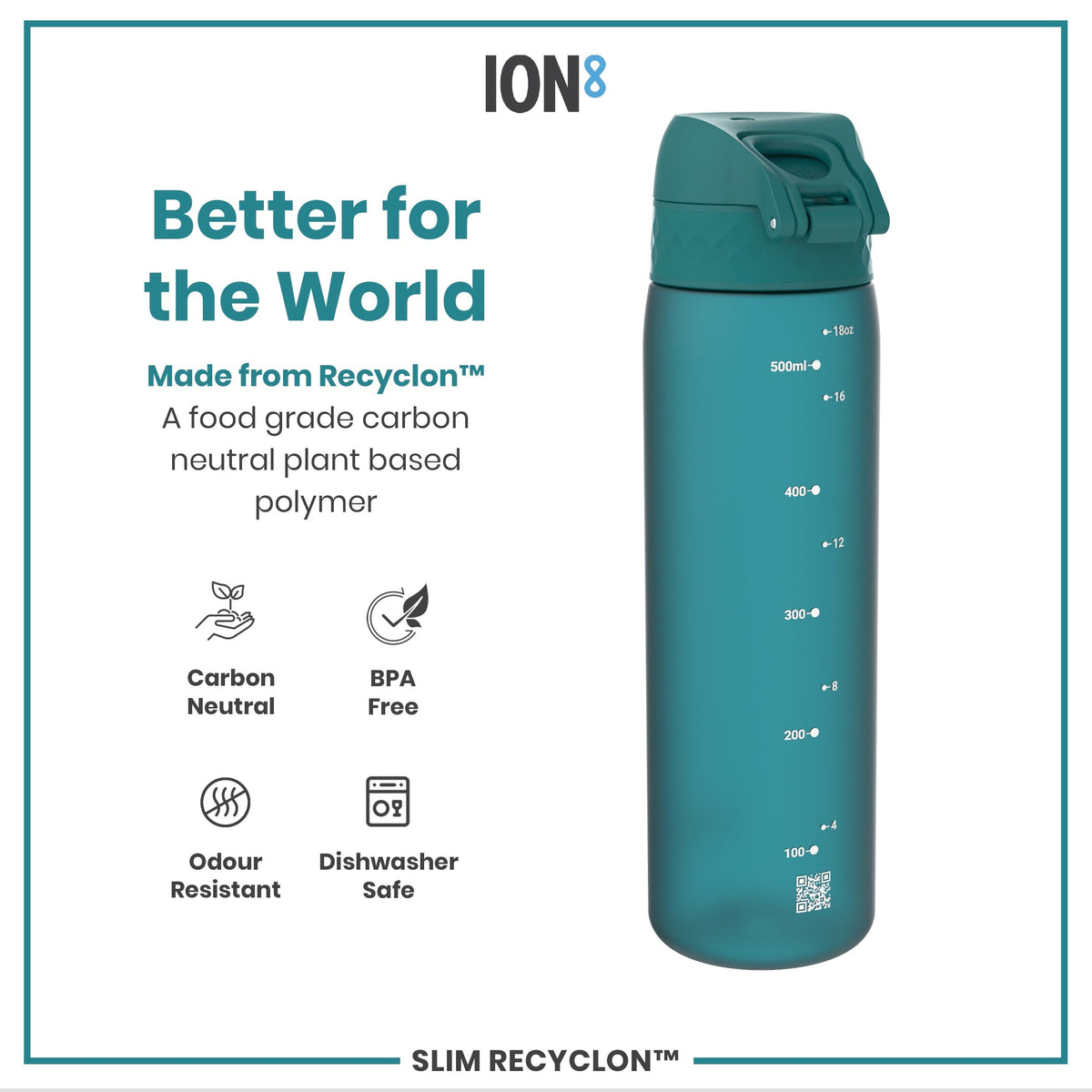 Leak Proof Slim Water Bottle, Recyclon, Aqua, 18oz