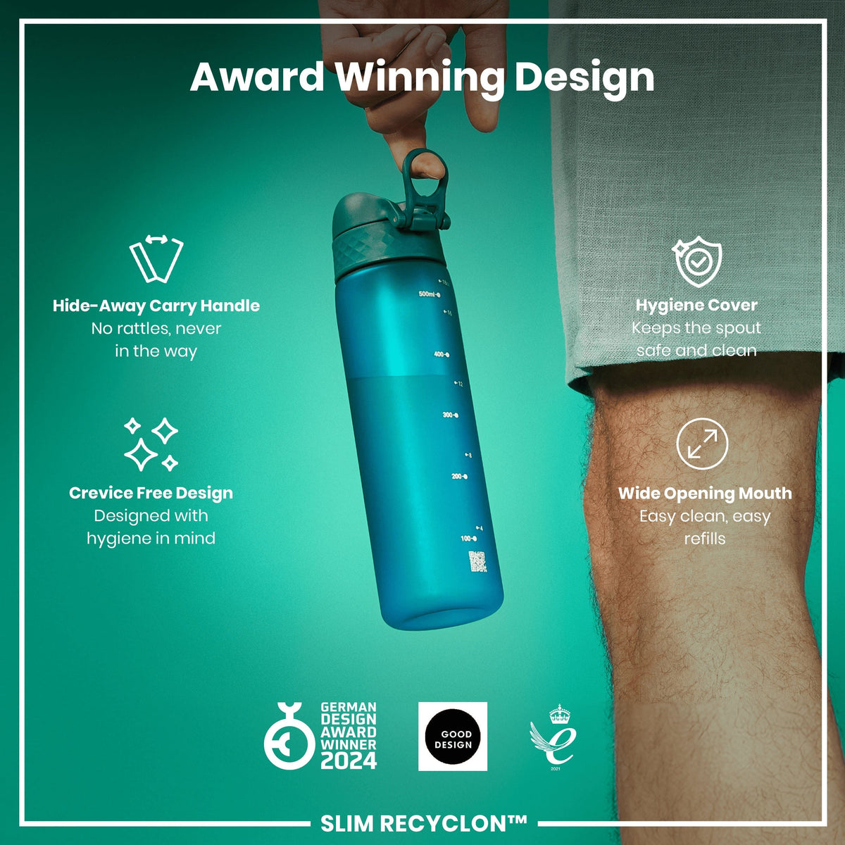 Leak Proof Slim Water Bottle, Recyclon, Aqua, 18oz