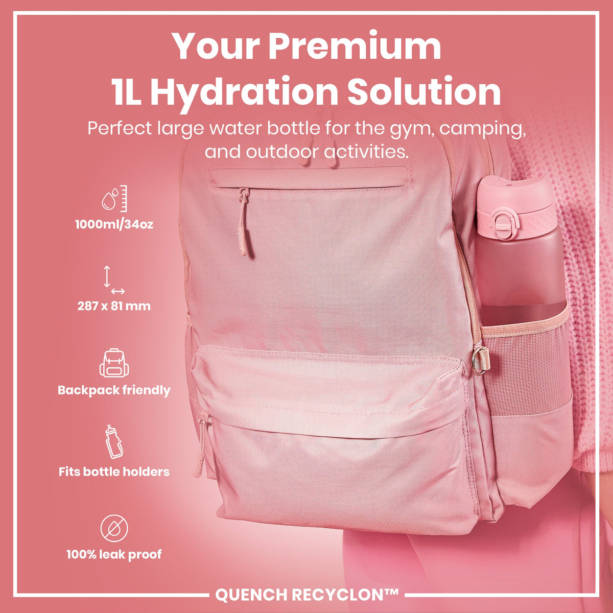 Leak Proof Water Bottle, Recyclon, Rose Quartz, 34oz