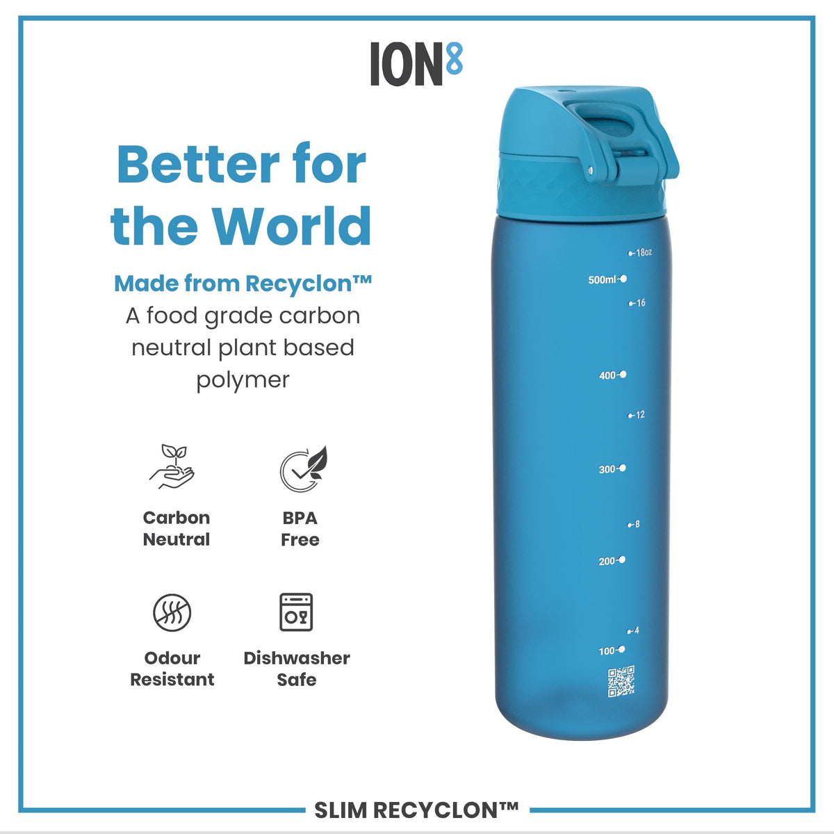 Leak Proof Slim Water Bottle, Recyclon, Blue, 18oz