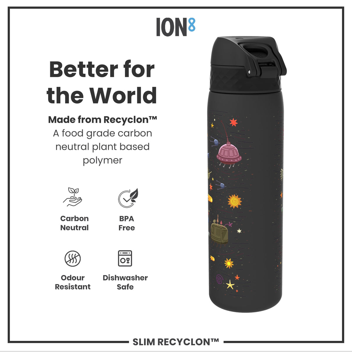 Leak Proof Slim Water Bottle, Recyclon, Spaceships, 18oz