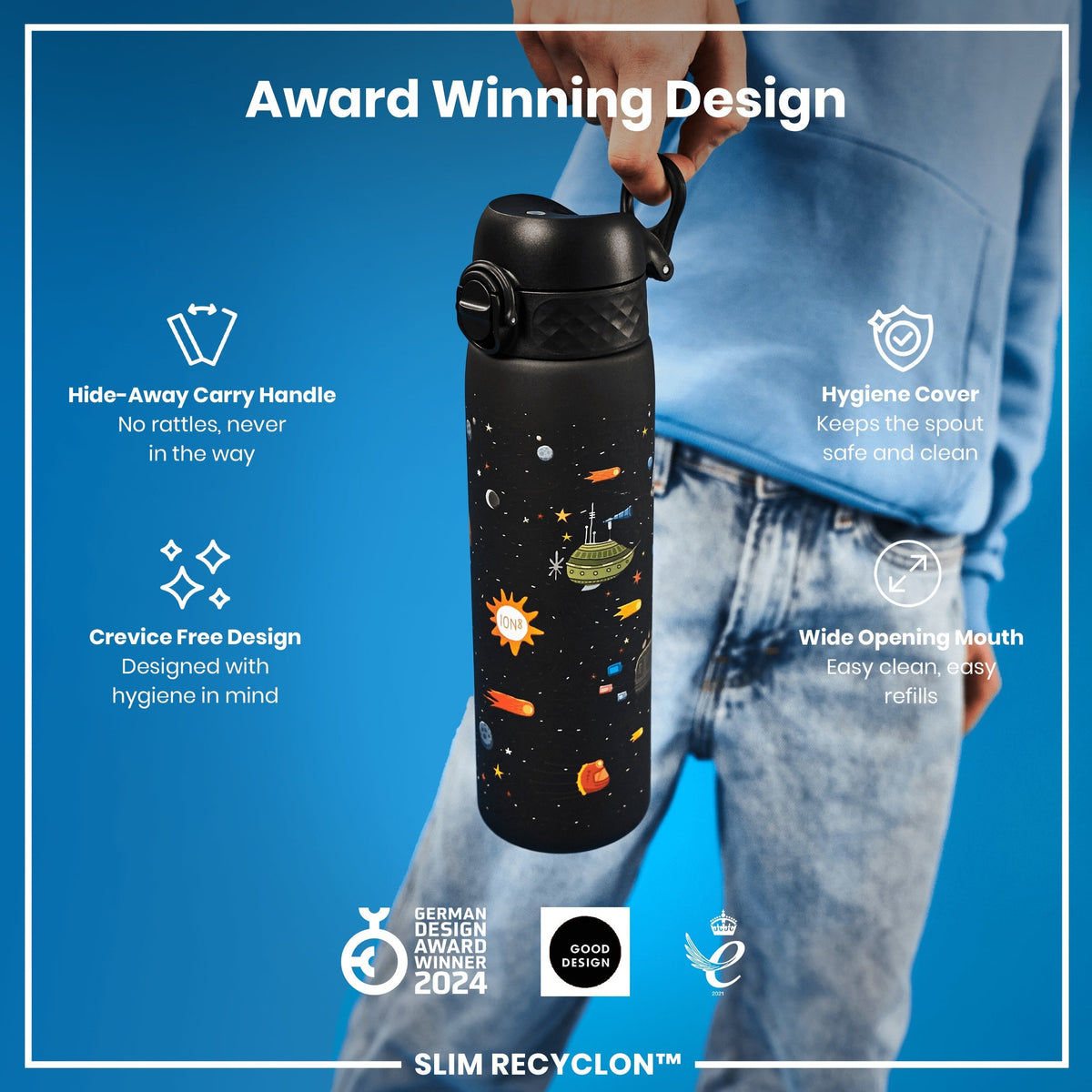 Leak Proof Slim Water Bottle, Recyclon, Spaceships, 18oz