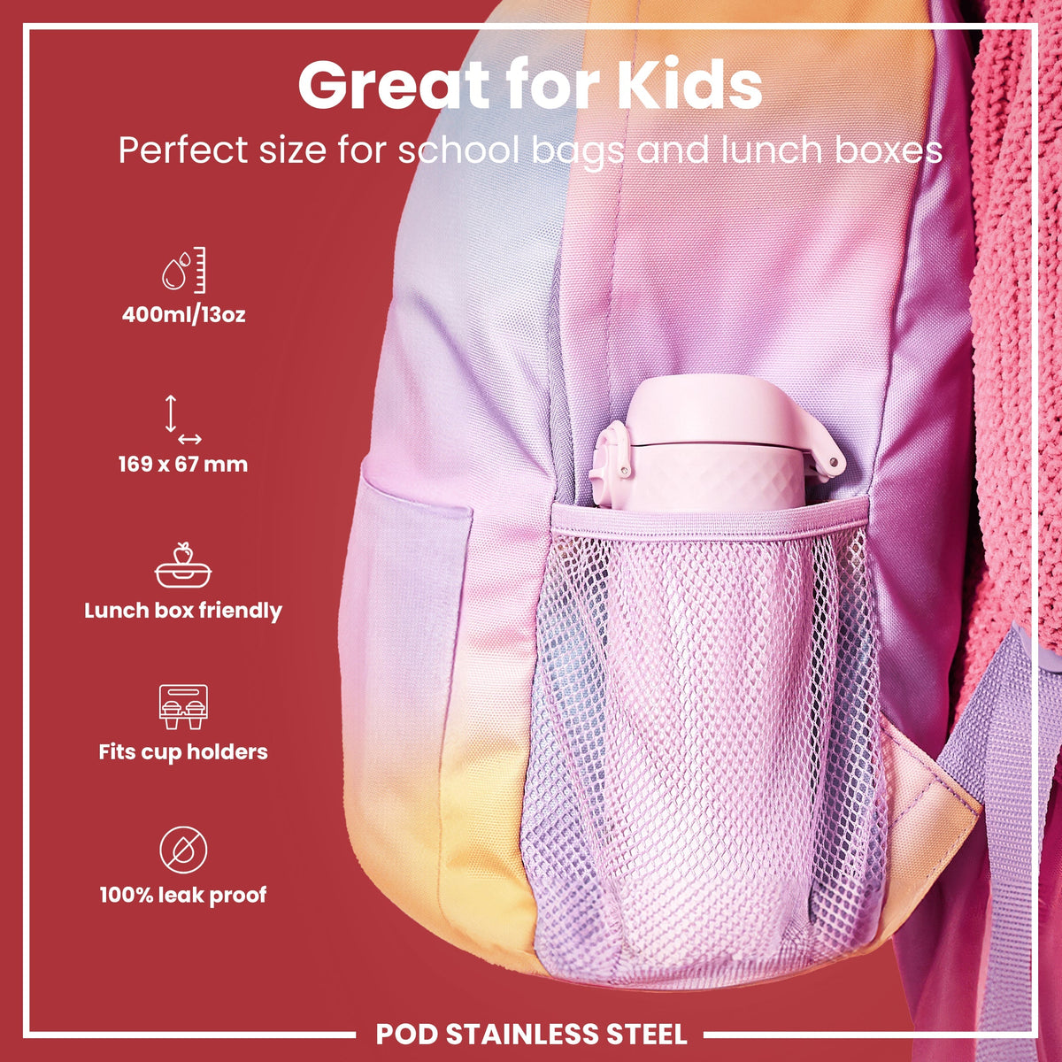 Leak Proof Kids Water Bottle, Stainless Steel, Lilac Dusk, 13oz