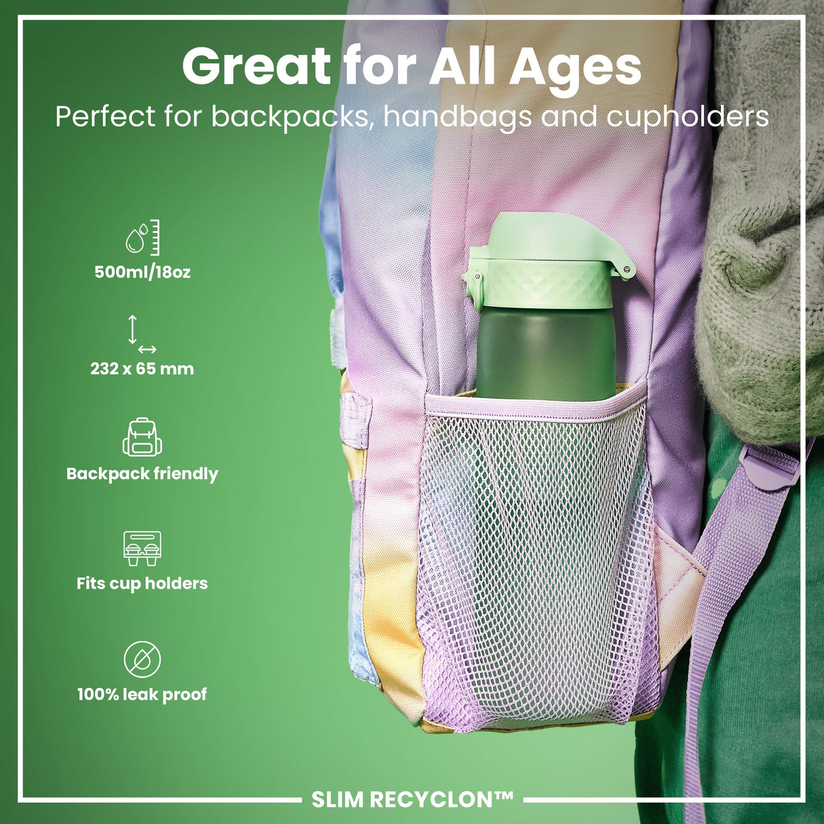 Leak Proof Slim Water Bottle, Recyclon, Surf Green, 18oz