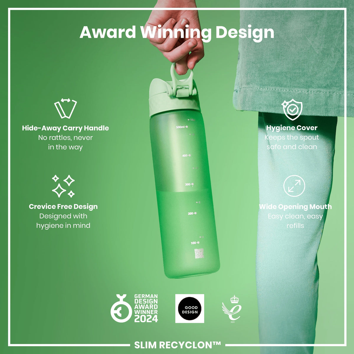 Leak Proof Slim Water Bottle, Recyclon, Surf Green, 18oz