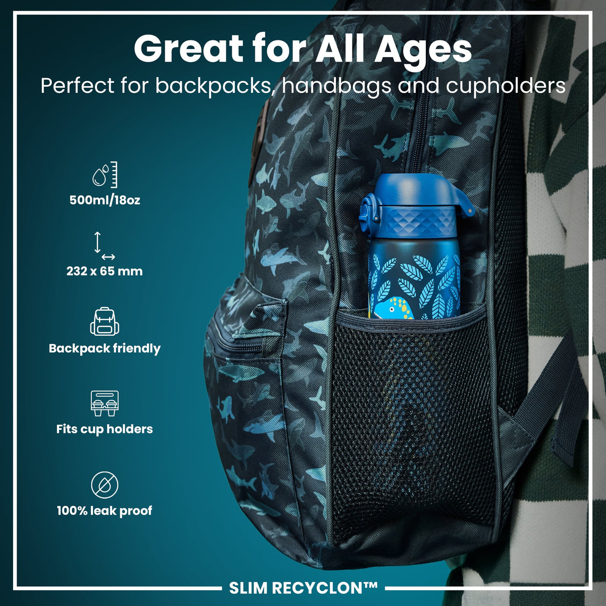 Leak Proof Slim Water Bottle, Recyclon, Dinosaurs, 18oz