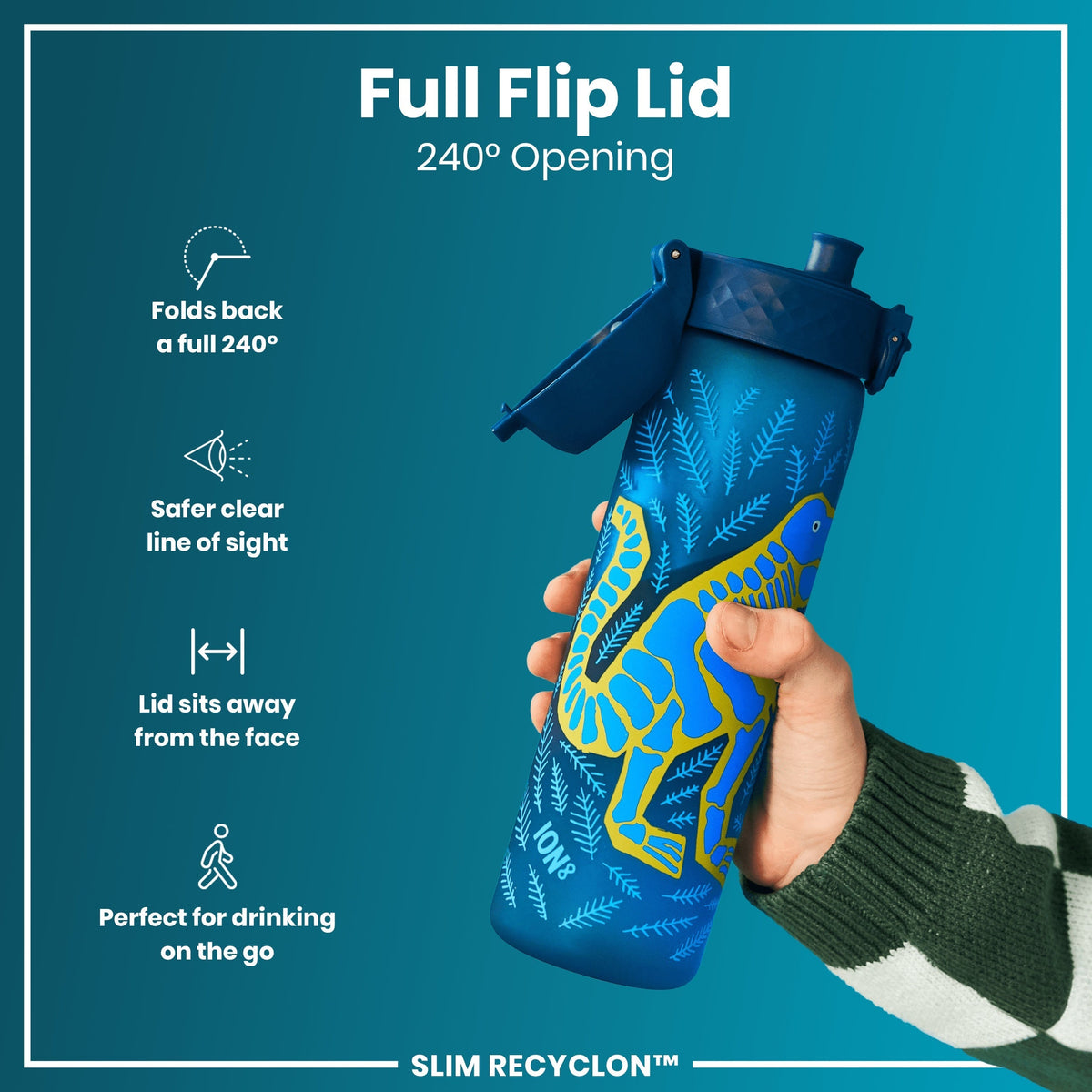 Leak Proof Slim Water Bottle, Recyclon, Dinosaurs, 18oz