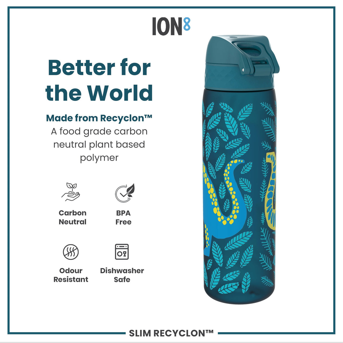 Leak Proof Slim Water Bottle, Recyclon, Dinosaurs, 18oz
