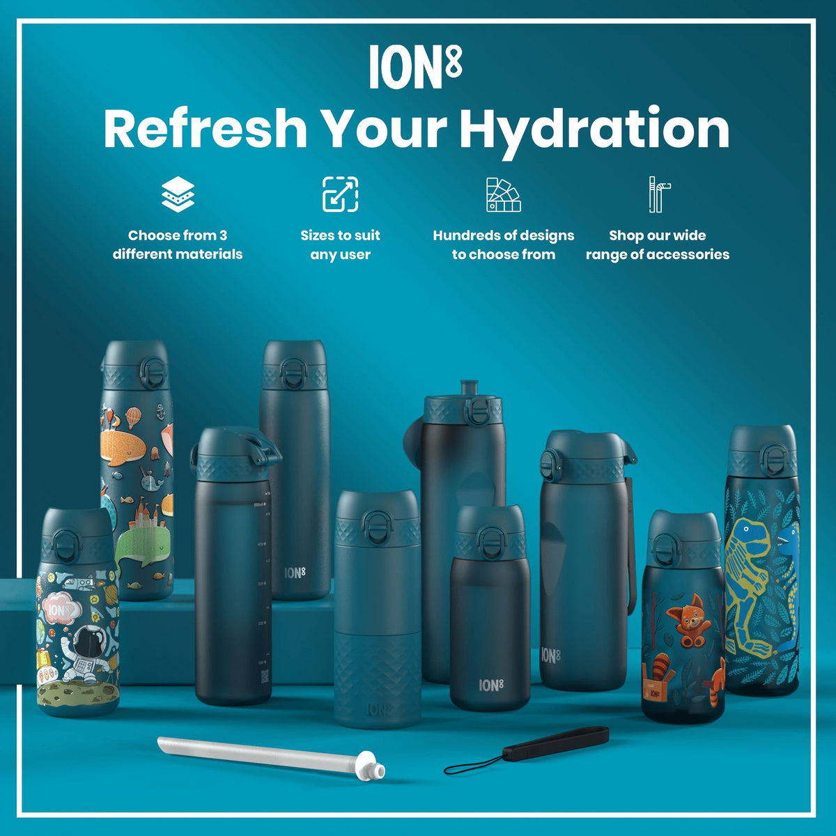 Leak Proof Slim Water Bottle, Recyclon, Dinosaurs, 18oz