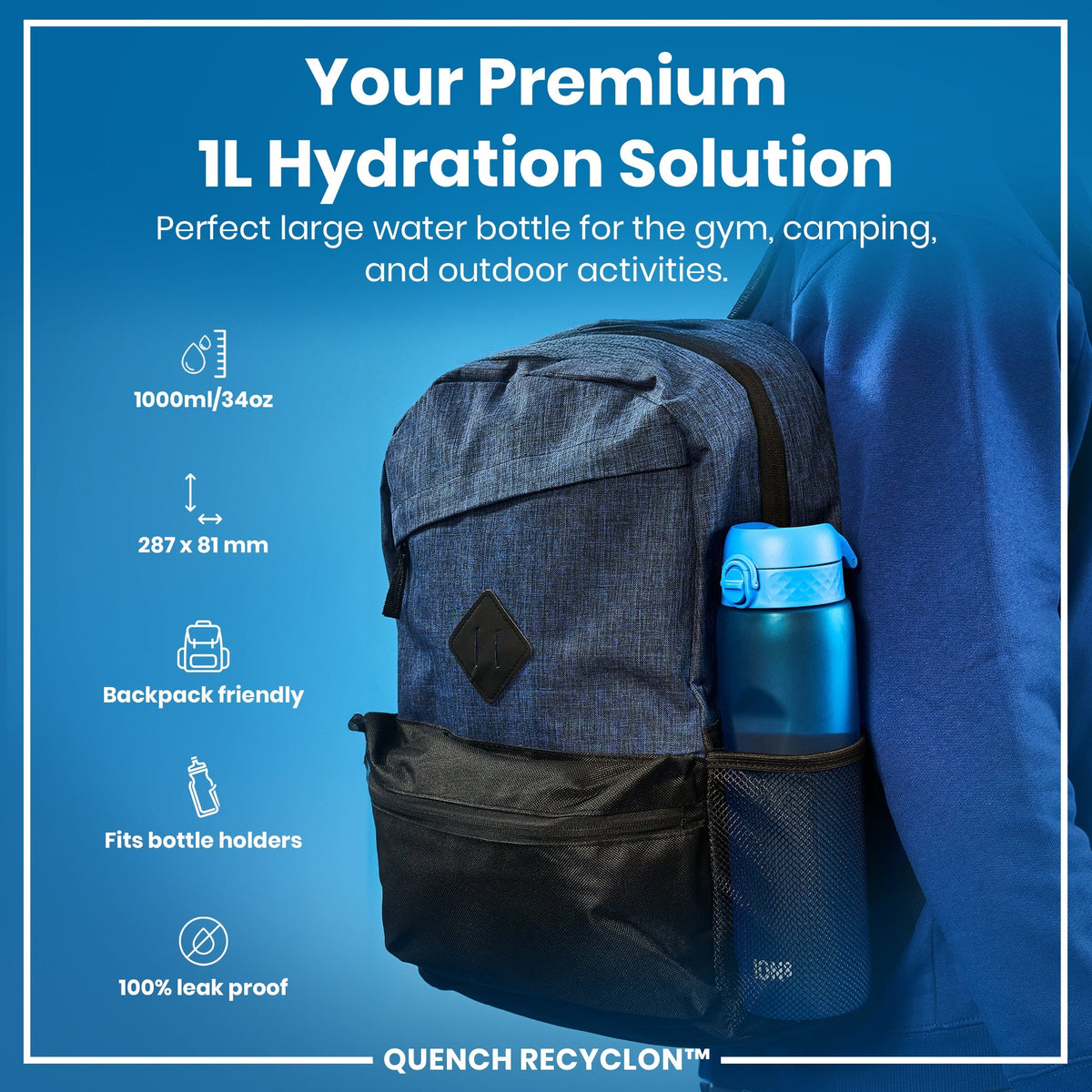 Leak Proof Water Bottle, Recyclon, Blue, 34oz