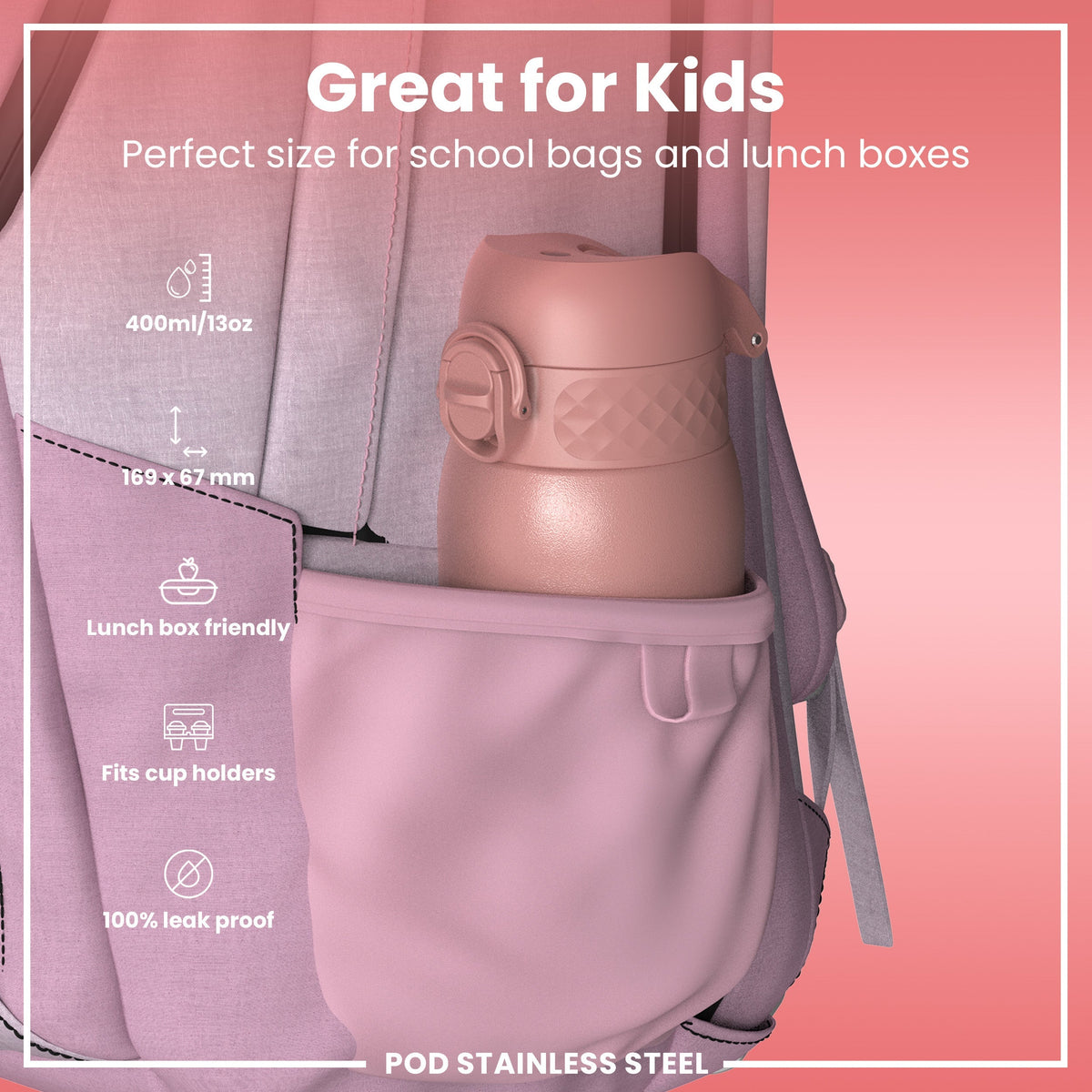 Leak Proof Kids Water Bottle, Stainless Steel, Ash Rose, 13oz