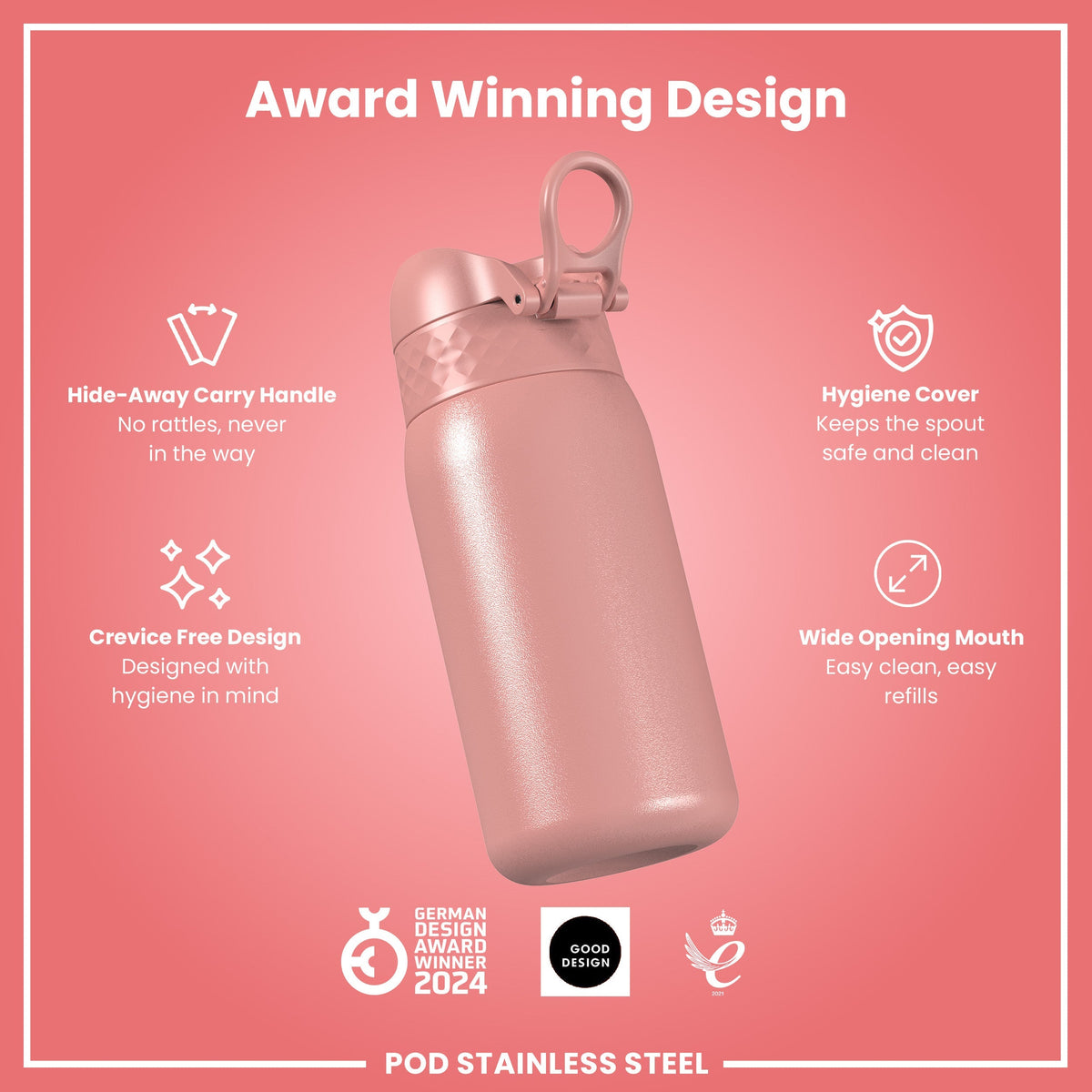 Leak Proof Kids Water Bottle, Stainless Steel, Ash Rose, 13oz