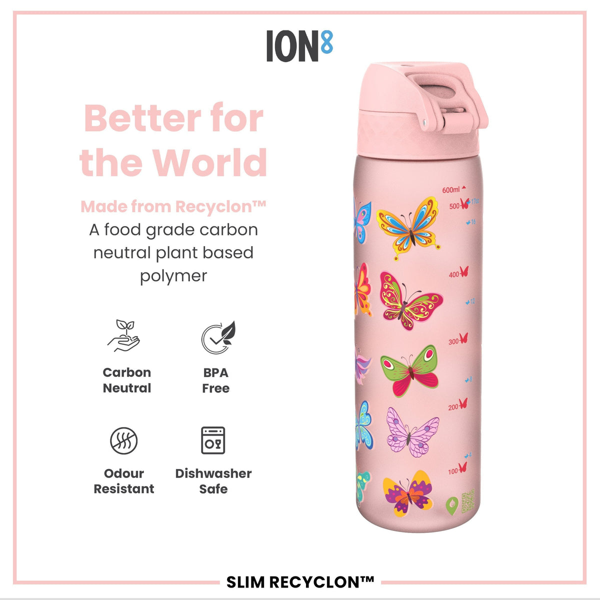 Leak Proof Slim Water Bottle, Recyclon, Butterfly, 18oz
