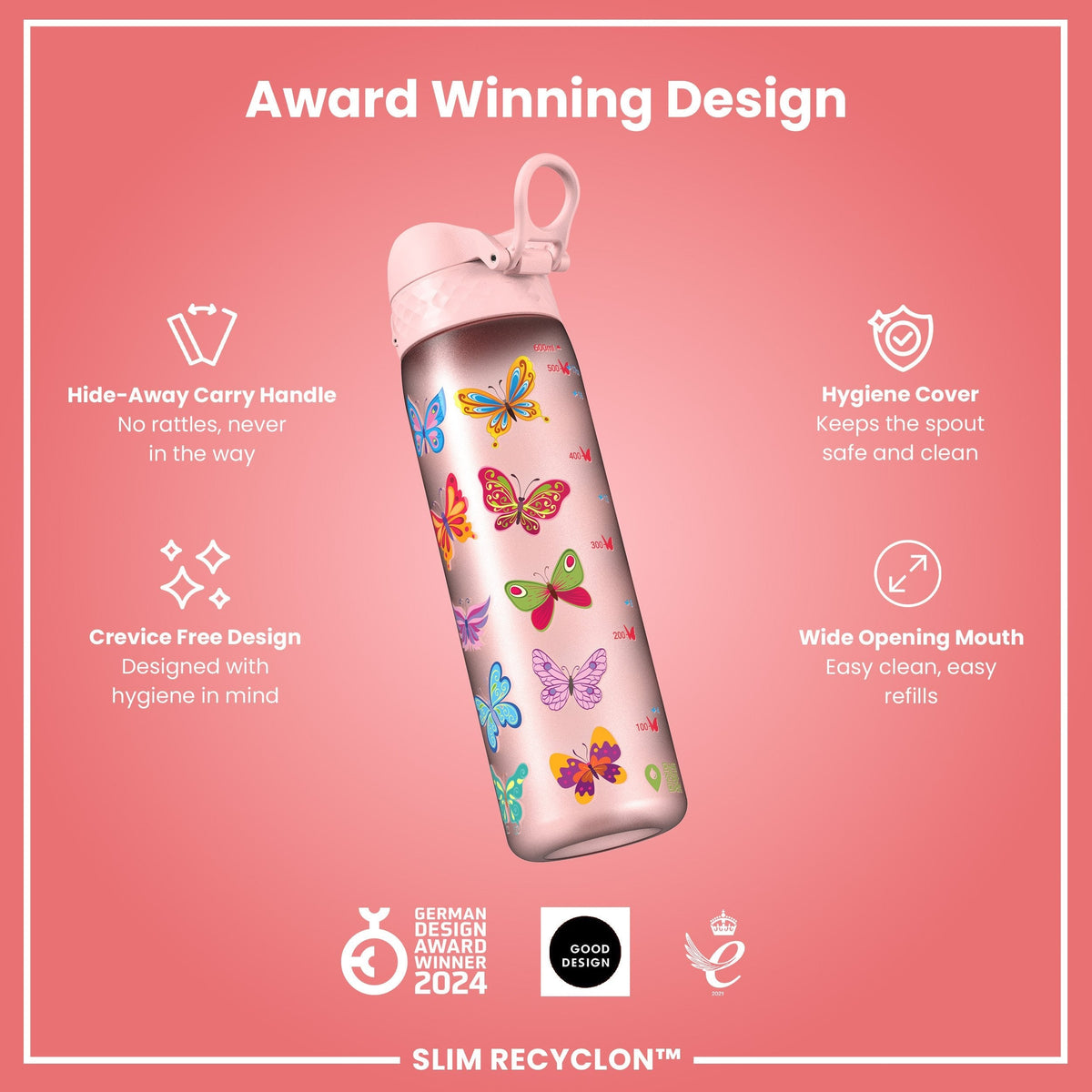Leak Proof Slim Water Bottle, Recyclon, Butterfly, 18oz
