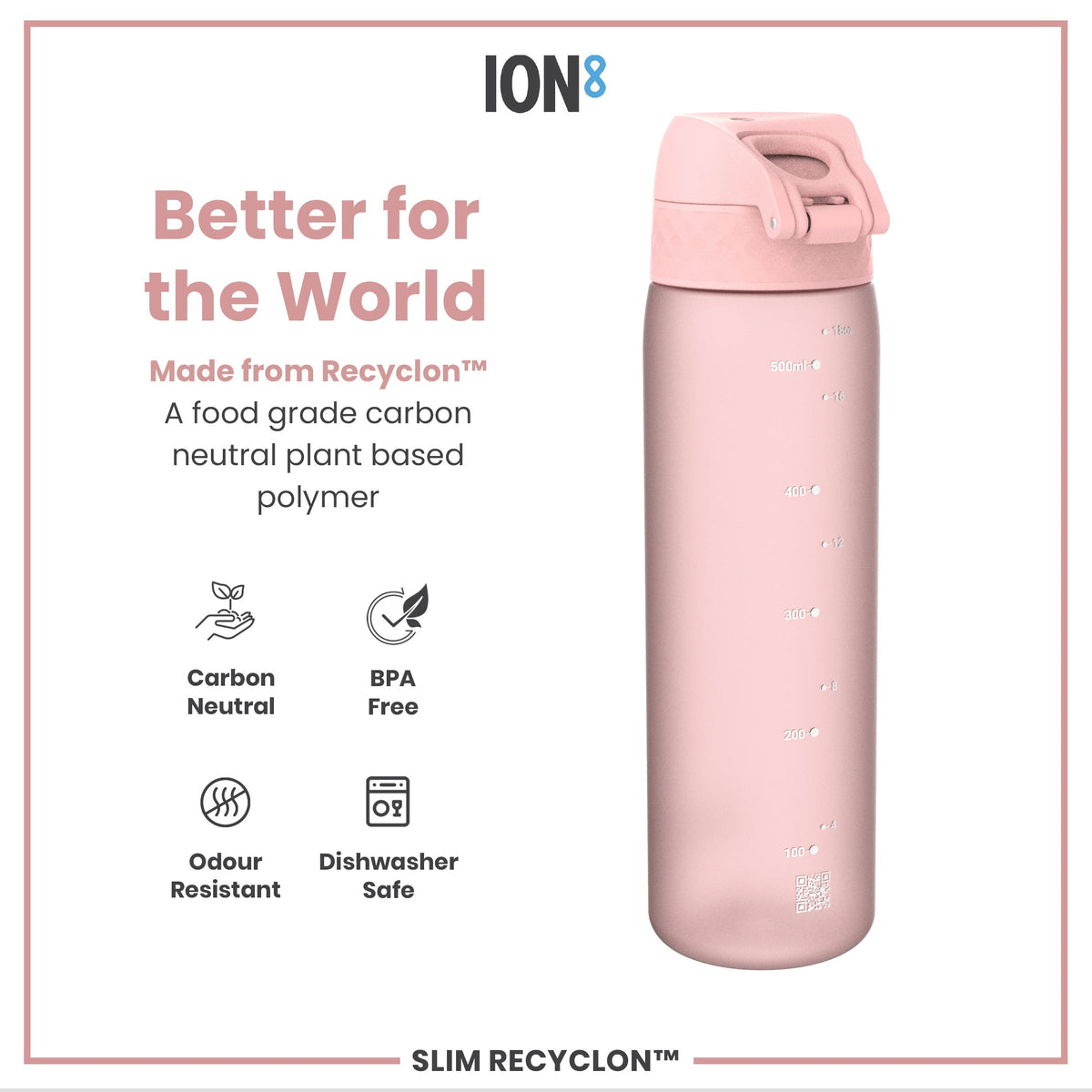Leak Proof Slim Water Bottle, Recyclon, Rose Quartz, 18oz