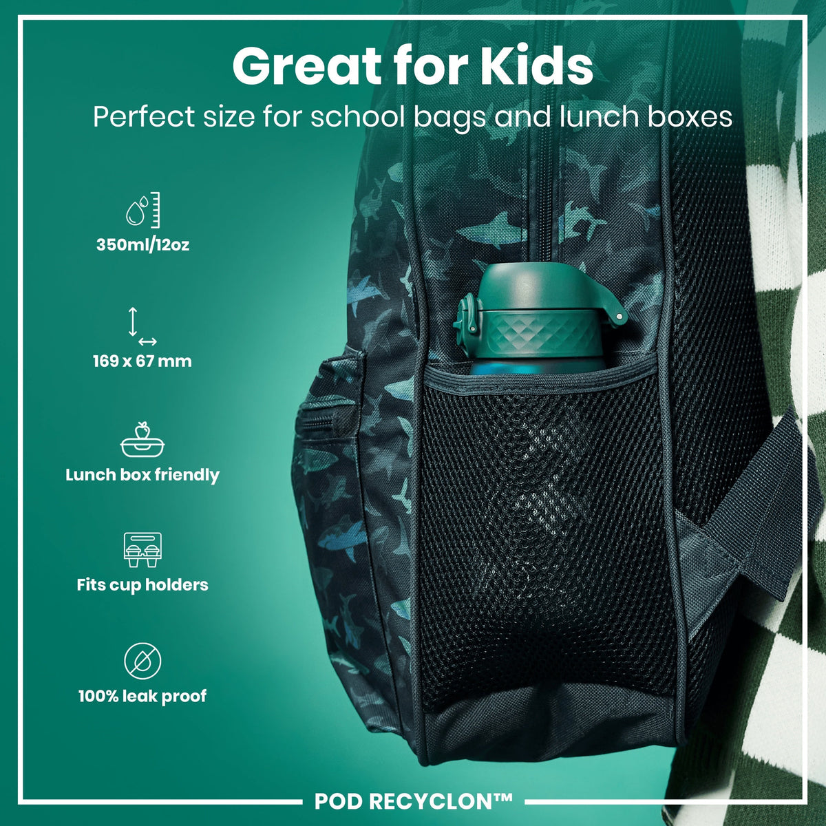 Leak Proof Kids Water Bottle, Recyclon, Shark, 12oz