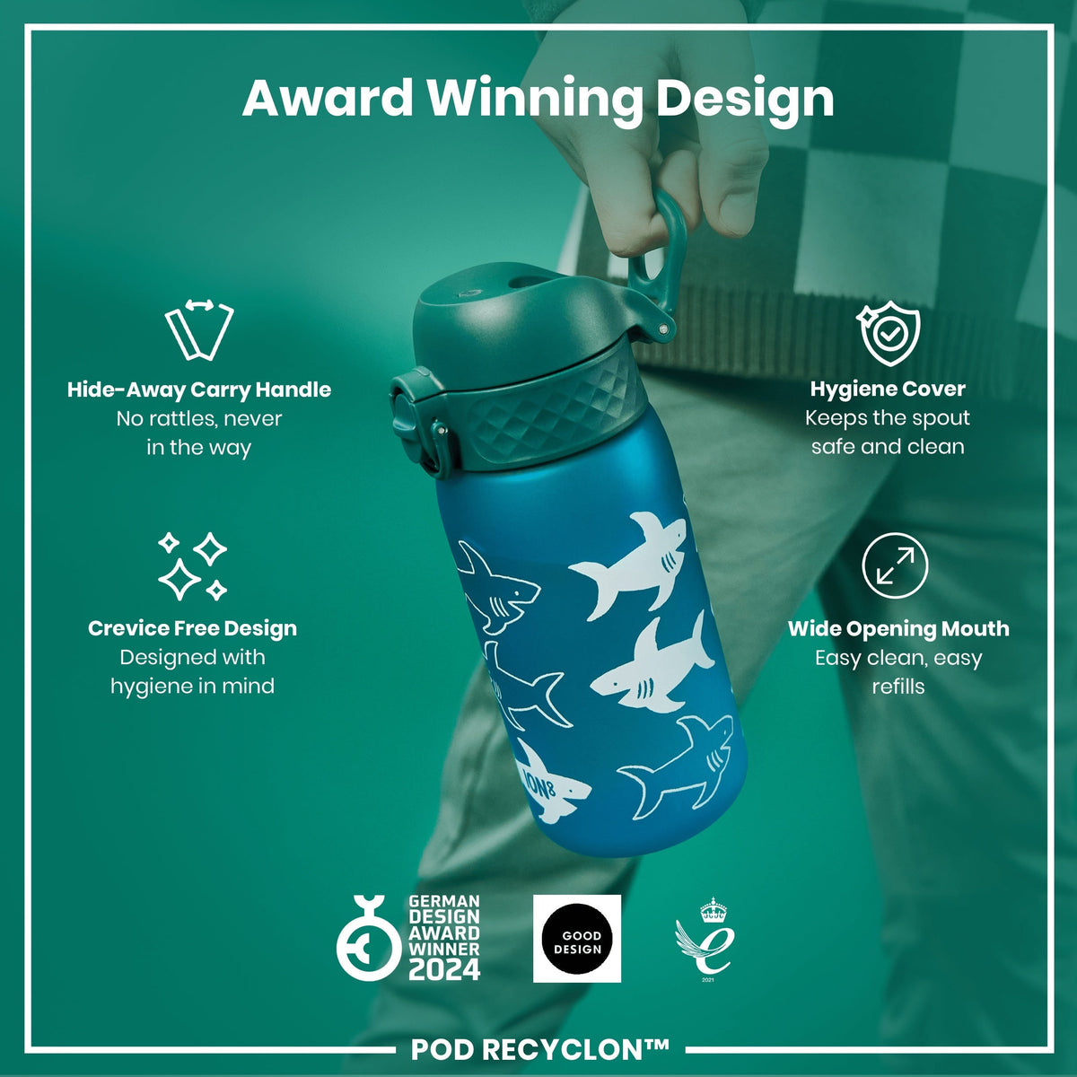 Leak Proof Kids Water Bottle, Recyclon, Shark, 12oz