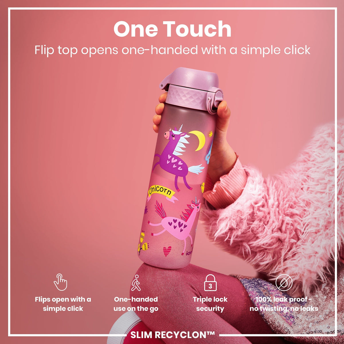 Leak Proof Slim Water Bottle, Recyclon, Unicorns, 18oz
