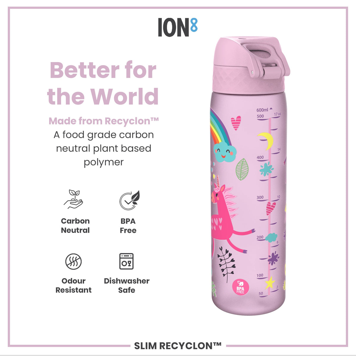 Leak Proof Slim Water Bottle, Recyclon, Unicorns, 18oz