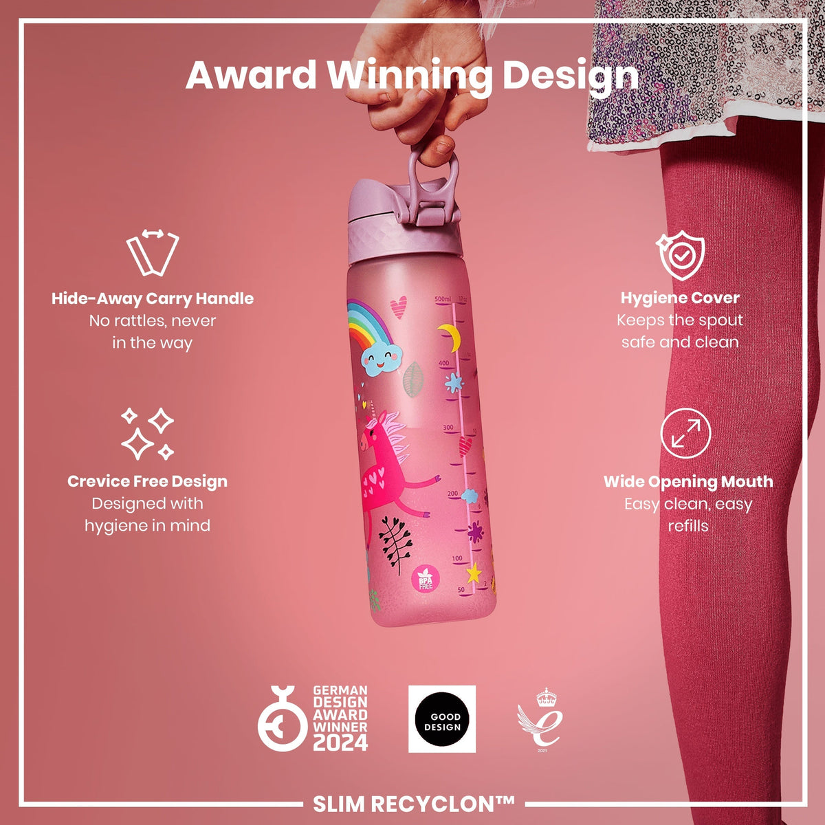 Leak Proof Slim Water Bottle, Recyclon, Unicorns, 18oz