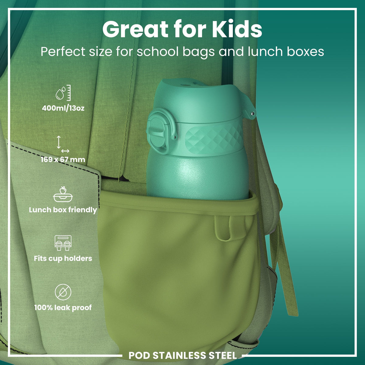Leak Proof Kids Water Bottle, Stainless Steel, Teal, 13oz