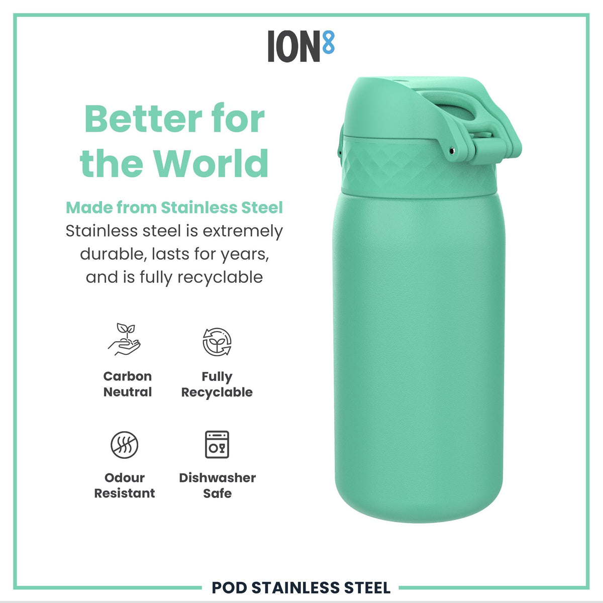 Leak Proof Kids Water Bottle, Stainless Steel, Teal, 13oz